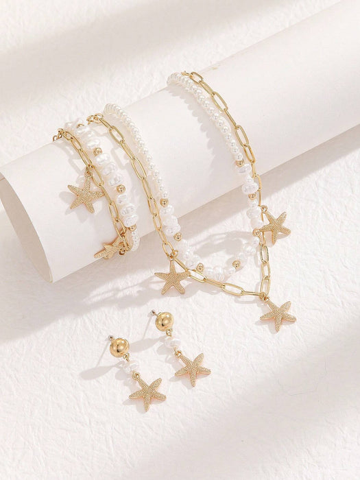 Jugego de 4pcs de collar, brazaletes y aretes de perlas falsas en forma de estrella