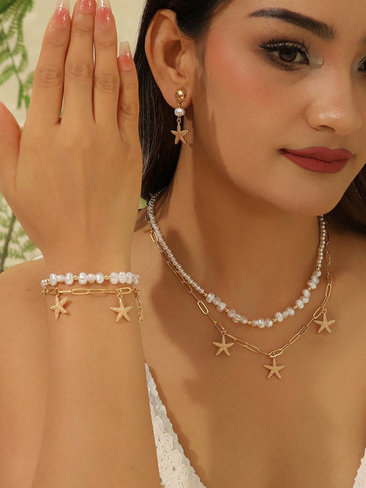 Jugego de 4pcs de collar, brazaletes y aretes de perlas falsas en forma de estrella