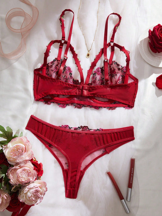 SHEIN Conjunto de lencería sexy para mujer, sujetador y pantie bordado