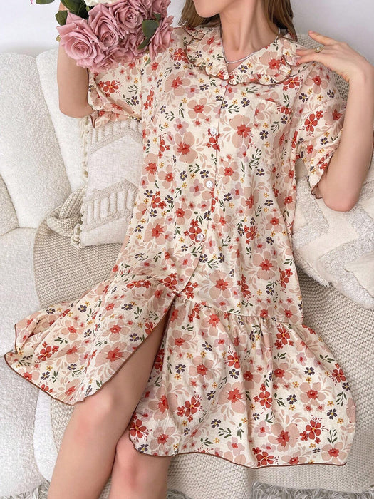 SHEIN Vestido pijama de noche con botones y estampado floral de CottageSlumber