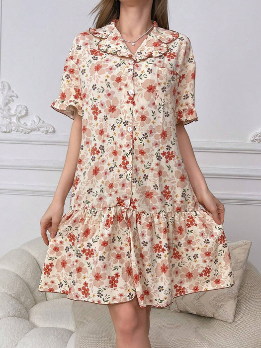 SHEIN Vestido pijama de noche con botones y estampado floral de CottageSlumber