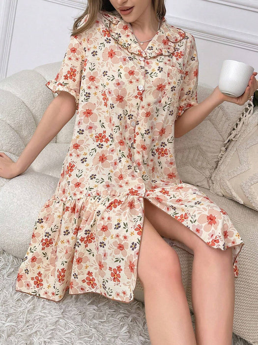 SHEIN Vestido pijama de noche con botones y estampado floral de CottageSlumber