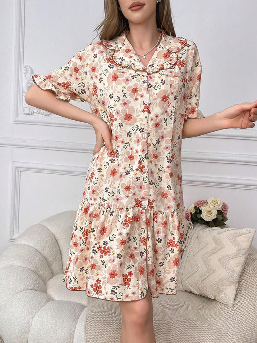 SHEIN Vestido pijama de noche con botones y estampado floral de CottageSlumber