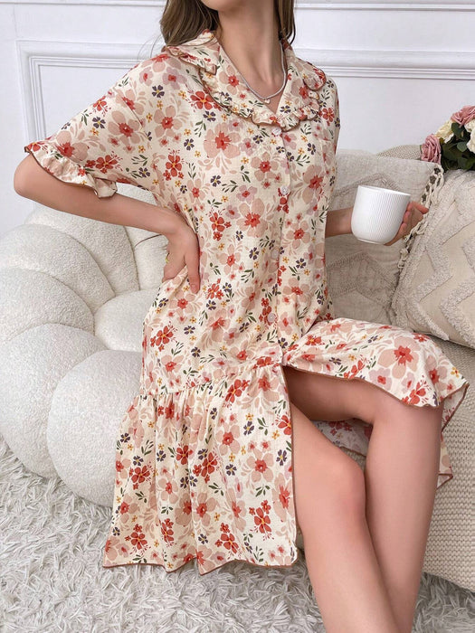 SHEIN Vestido pijama de noche con botones y estampado floral de CottageSlumber