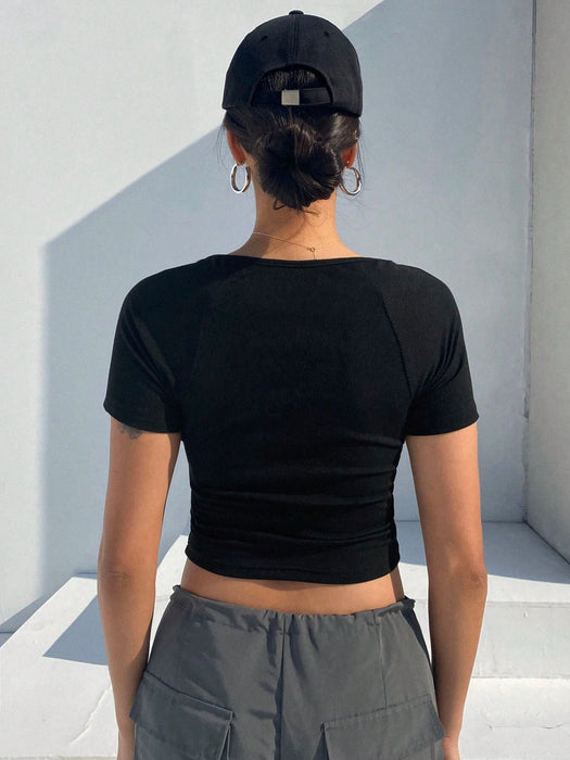 SHEIN DAZY Camiseta corta de mujer de cuello cuadrado de manga corta