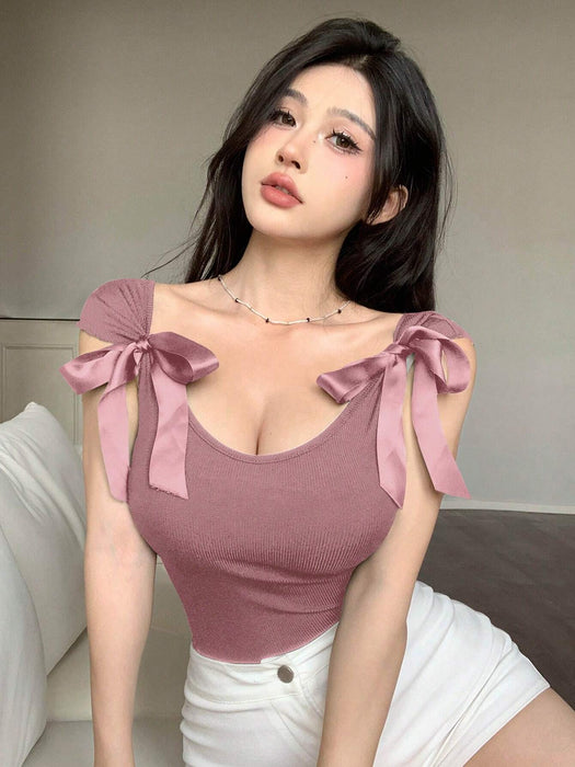 SHEIN DAZY Camiseta de mujer de manga corta con lazo en la espalda
