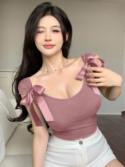 SHEIN DAZY Camiseta de mujer de manga corta con lazo en la espalda
