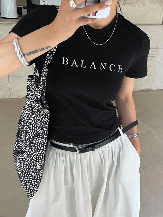 SHEIN DAZY Camiseta de manga corta estampada con letras para mujer