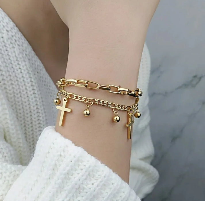 Pulsera Doble Brazalete De Acero Inoxidable Para Dama Ajustable