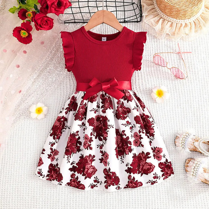 Vestido De Niña Con Cuello Redondo con lazo, Estampado Con Mangas Vola