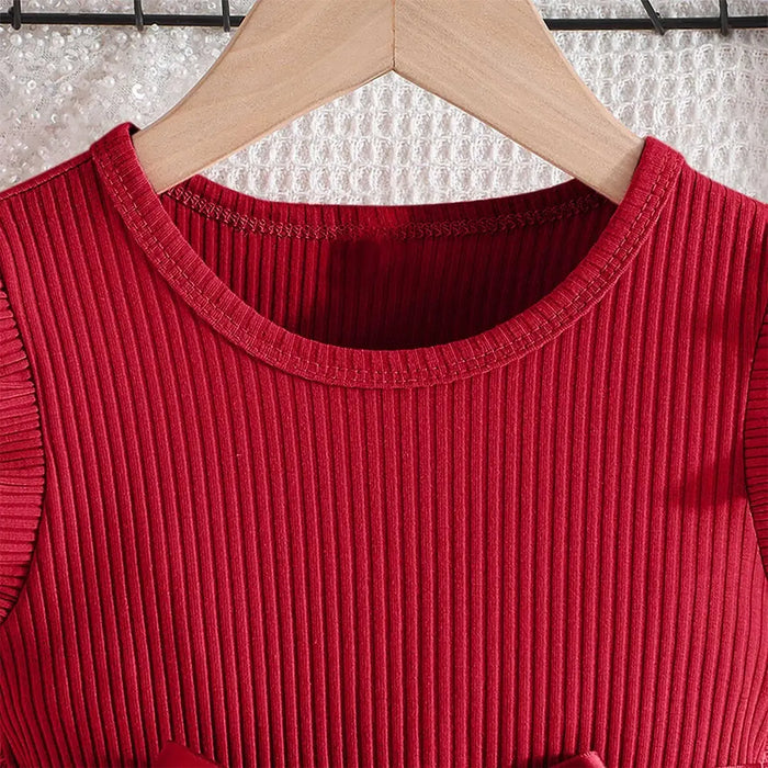 Vestido De Niña Con Cuello Redondo con lazo, Estampado Con Mangas Vola