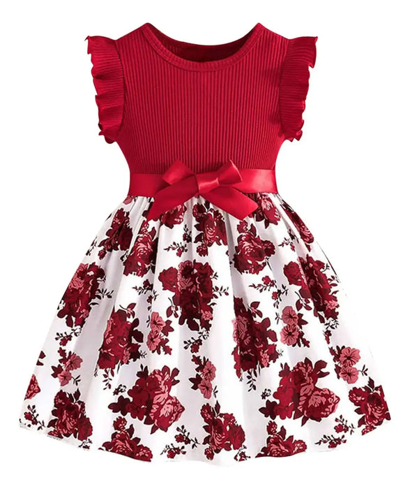 Vestido De Niña Con Cuello Redondo con lazo, Estampado Con Mangas Vola