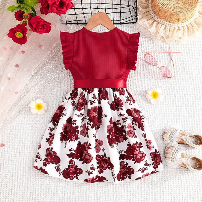 Vestido De Niña Con Cuello Redondo con lazo, Estampado Con Mangas Vola