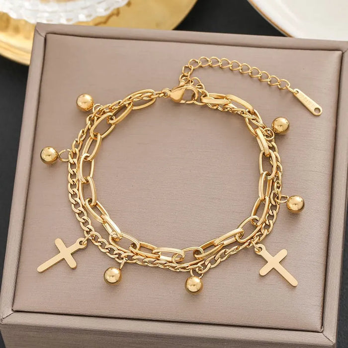 Pulsera Doble Brazalete De Acero Inoxidable Para Dama Ajustable