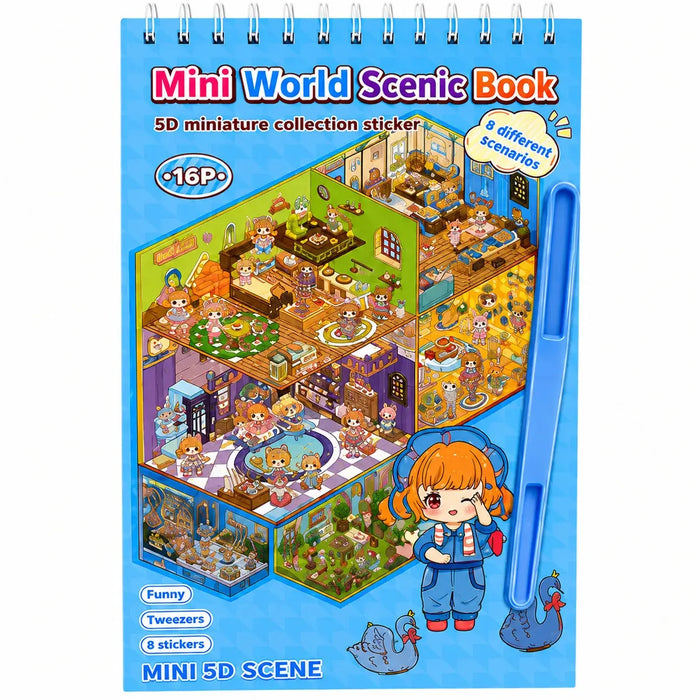 Libro de pegatinas 5D azul para niños, 16 páginas, 8 escenas y 8 páginas de pegatinas con pinzas