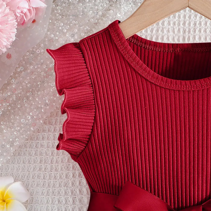 Vestido De Niña Con Cuello Redondo con lazo, Estampado Con Mangas Vola