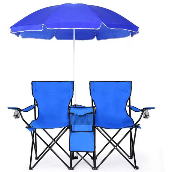 Silla doble de camping con sombrilla, plegables de dos plazas con toldo