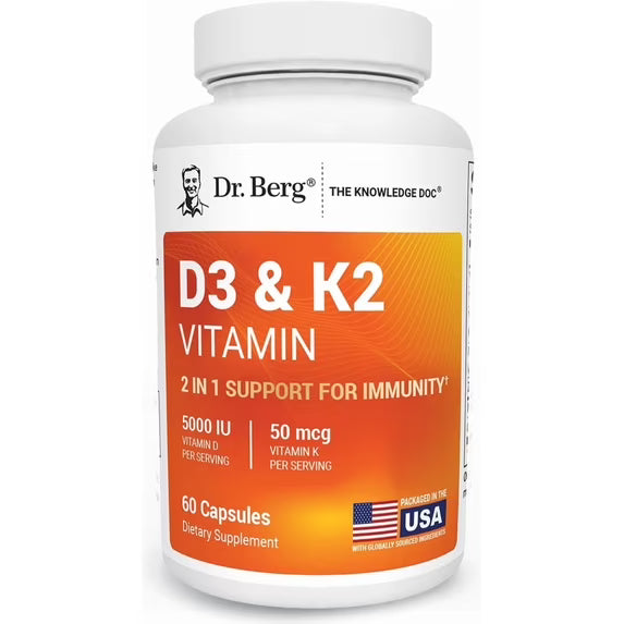 Dr. Berg Suplemento vitamínico D3 y K2 - D3 K2 5000 UI, 60 cápsulas
