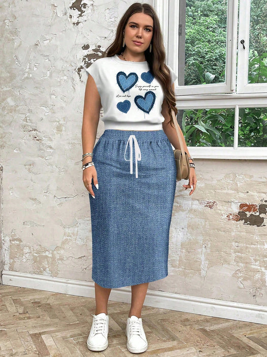 EMERY ROSE Conjunto Top y falda holgados de cuello redondo con efecto corazón y mezclilla para mujeres