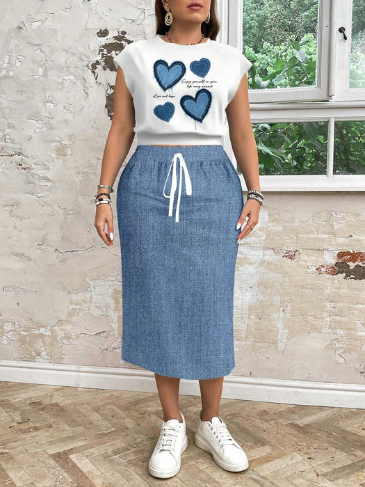 EMERY ROSE Conjunto Top y falda holgados de cuello redondo con efecto corazón y mezclilla para mujeres