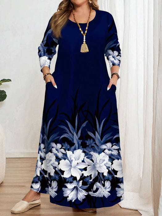 SHEIN EMERY ROSE Vestido de manga larga y cuello redondo elegante y vintage, azul marino con estampado floral