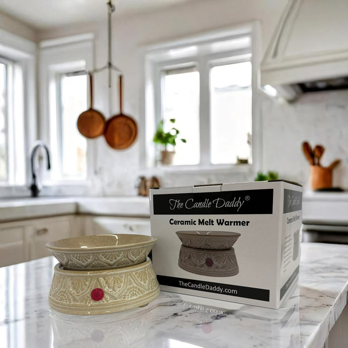 Calentador eléctrico de cera y velas de cerámica - Diseño grabado en crema y blanco