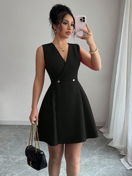 SHEIN Elenzga Vestido mini de mujer elegante con cuello en V, sin mangas