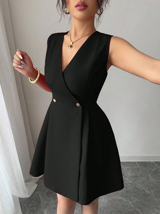 SHEIN Elenzga Vestido mini de mujer elegante con cuello en V, sin mangas