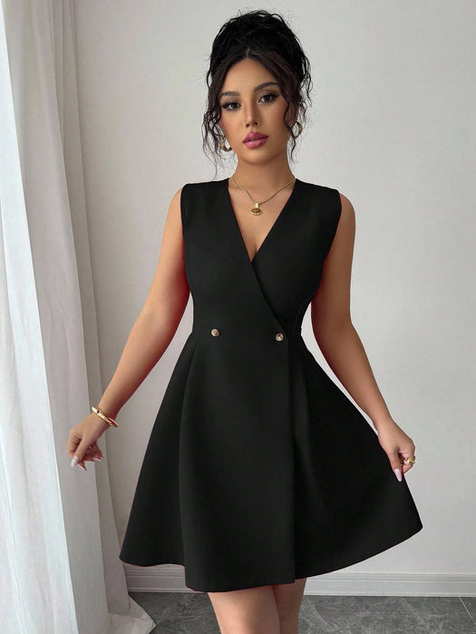 SHEIN Elenzga Vestido mini de mujer elegante con cuello en V, sin mangas