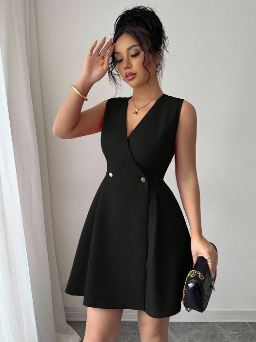 SHEIN Elenzga Vestido mini de mujer elegante con cuello en V, sin mangas