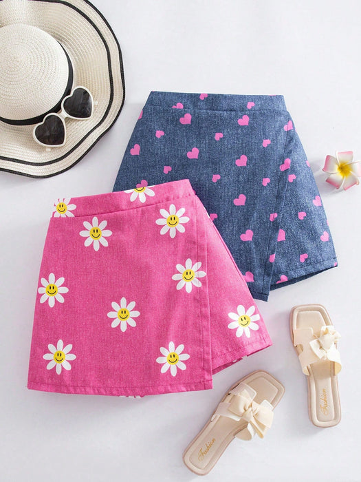 SHEIN Conjunto de 2 piezas para niñas Elladie Kids: shorts asimétricos con estampado de girasoles