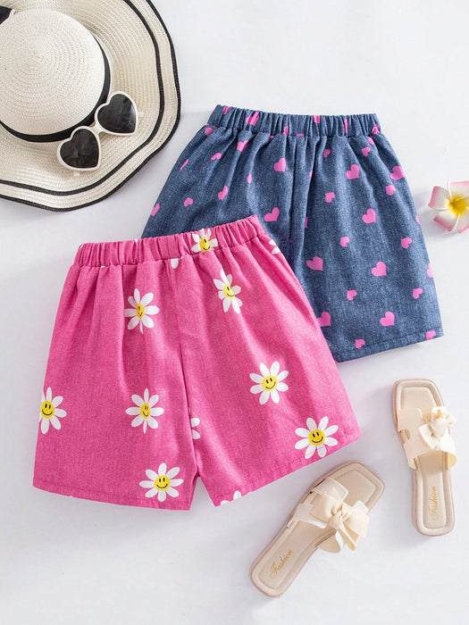 SHEIN Conjunto de 2 piezas para niñas Elladie Kids: shorts asimétricos con estampado de girasoles