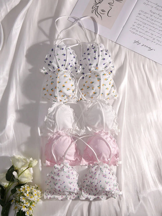 SHEIN Eraneu Pack de 5 sujetadores con estampado floral y ribete de lechuga, lencería Kawaii