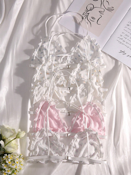 SHEIN Eraneu Pack de 5 sujetadores con estampado floral y ribete de lechuga, lencería Kawaii
