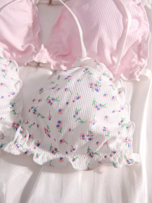 SHEIN Eraneu Pack de 5 sujetadores con estampado floral y ribete de lechuga, lencería Kawaii