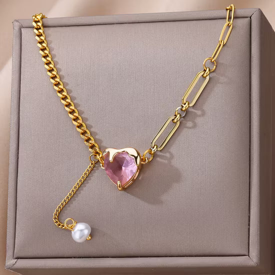 Exquisito collar de joyería con charm de perla simple, acero inoxidable, circonita CZ y cristal rosa en forma de corazón