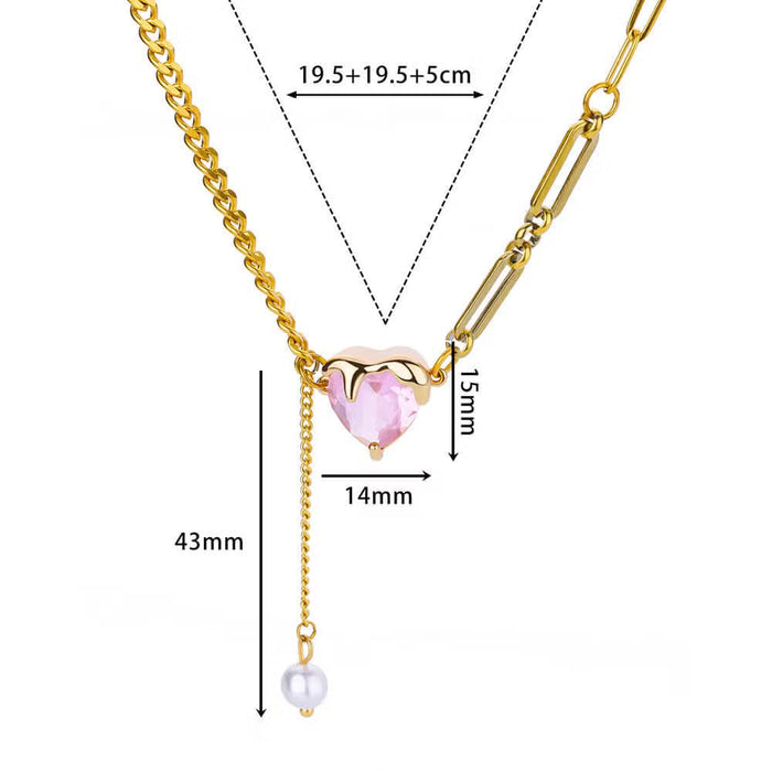 Exquisito collar de joyería con charm de perla simple, acero inoxidable, circonita CZ y cristal rosa en forma de corazón