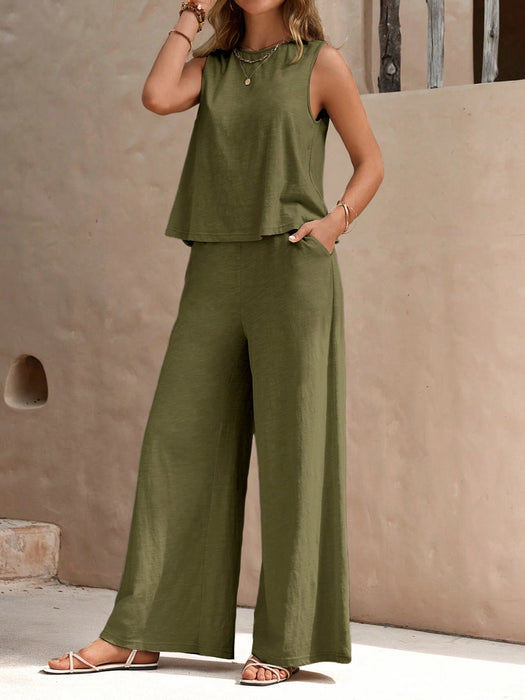 Conjunto casual de dos piezas para mujer, chaleco de cuello redondo y pantalones de pierna ancha