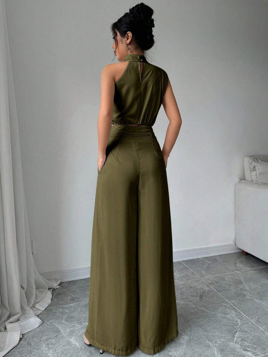 SHEIN Conjunto de 2 piezas para mujer Firerie: top de cuello alto sin mangas y pantalón
