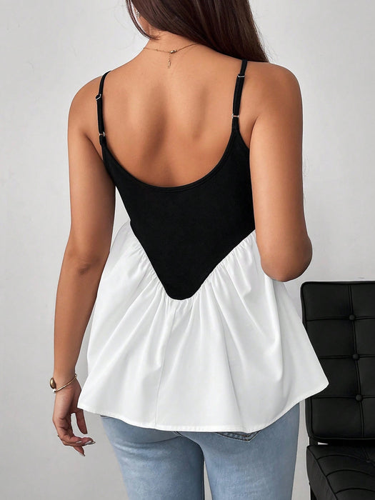 SHEIN Top de tirantes Firerie para mujer con escote en V profundo en contraste de color blanco y negro