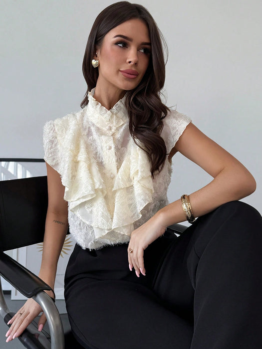 SHEIN Blusa Firerie para mujer, elegante, color blanco crema, con volantes
