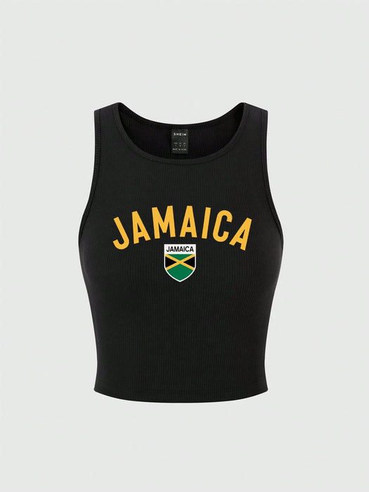 SHEIN Flirla Camiseta de tirantes negra con gráfico de la bandera de Jamaica para mujer