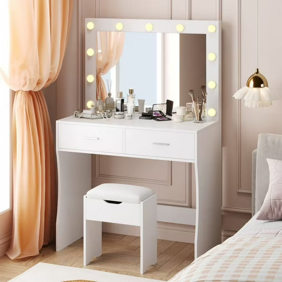 Tocador Furmax con luces y espejo, escritorio con cajón y silla, color blanco
