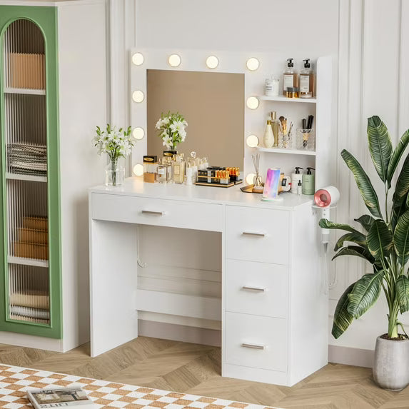 Tocador Furmax con luces y espejo, mesa de maquillaje con cajón y toma de corriente