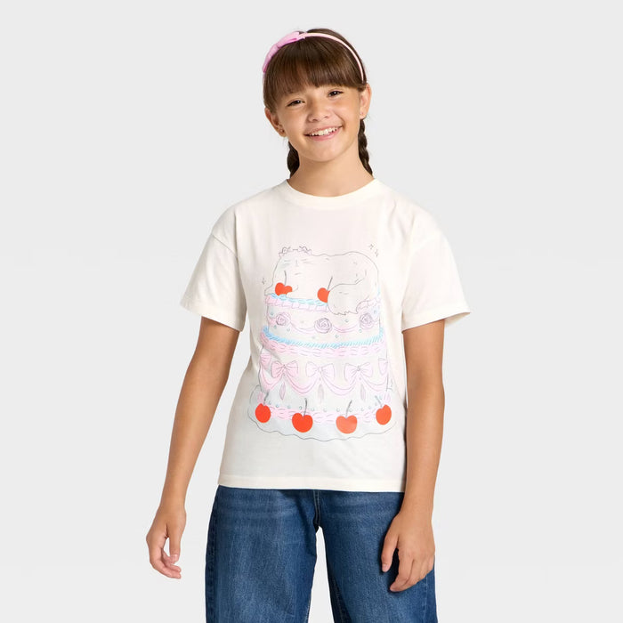 Camiseta gráfica extragrande de manga corta para niña "Cat Cake" - Cat & Jack™ Off-White