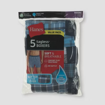 Bóxers de tela a cuadros Hanes para hombre, paquete de 5, azul