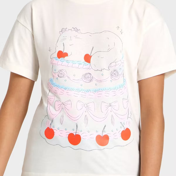 Camiseta gráfica extragrande de manga corta para niña "Cat Cake" - Cat & Jack™ Off-White
