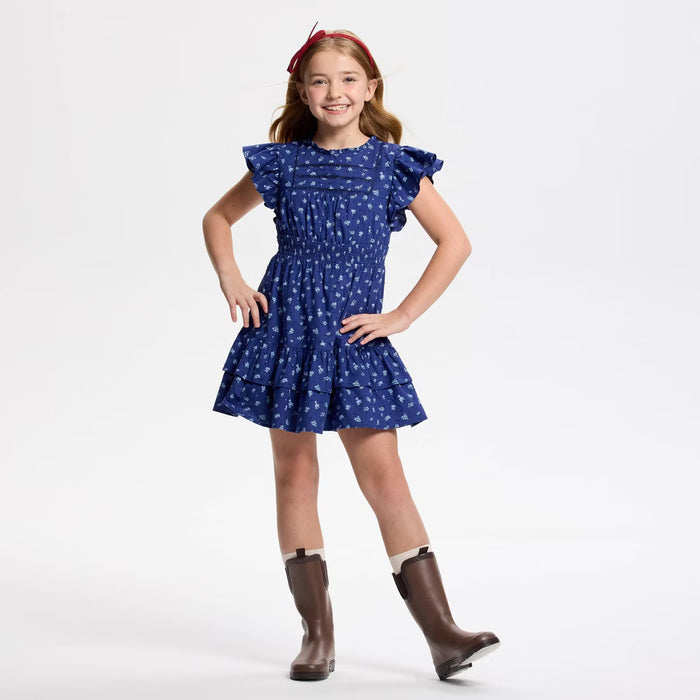Vestido de manga corta con estampado floral y volantes para niña de Owillo® - Azul