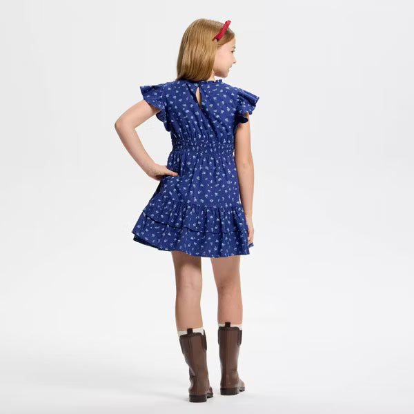 Vestido de manga corta con estampado floral y volantes para niña de Owillo® - Azul