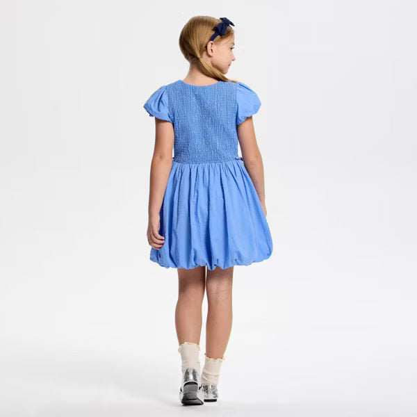 Vestido de manga corta con escote fruncido y corte A de Owillo® para niña - Azul